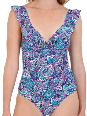 NWT Caribbean Joe Ruffled One Piece Paisley Swimsuit Size 12